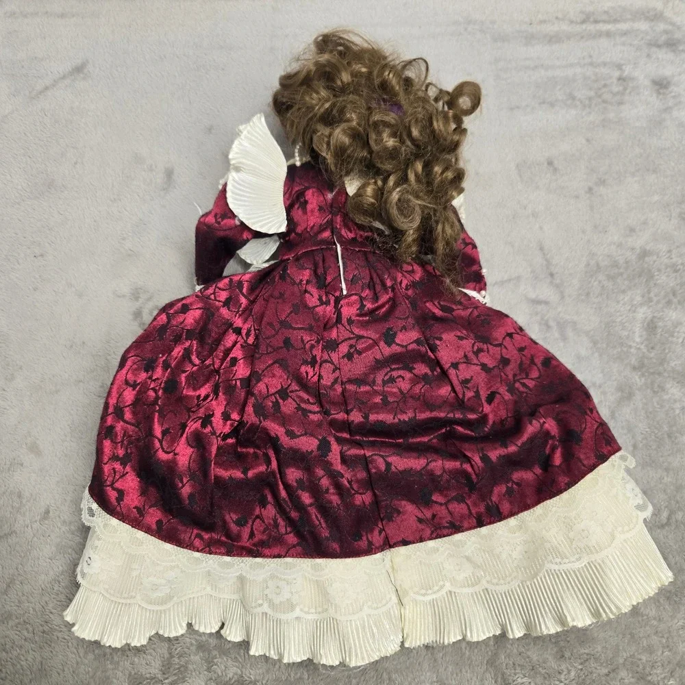 Vintage Porcelain Doll 16 Inch Burgundy Floral Dress Lace Ruffles Victorian